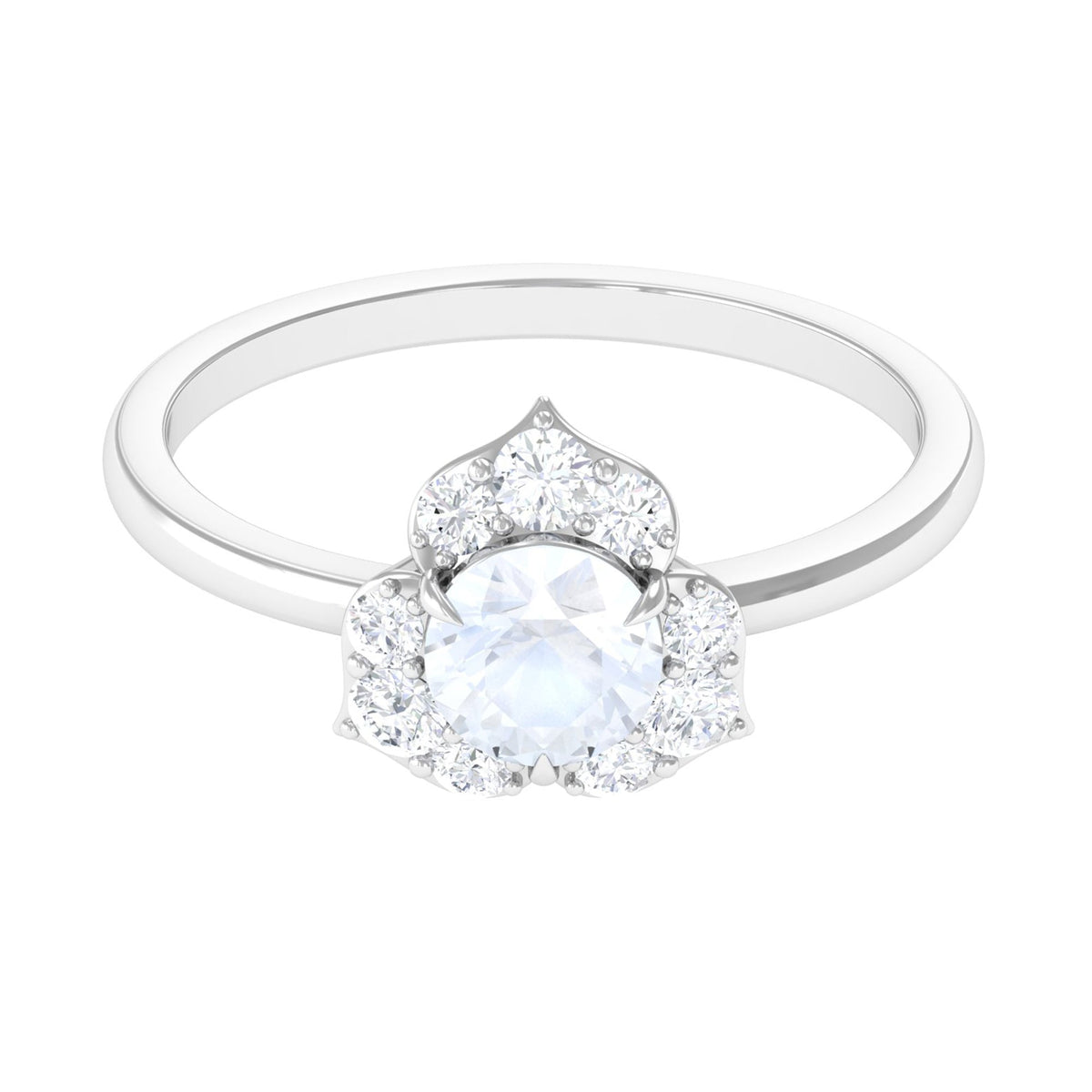 Moonstone and diamond floral engagement ring by Rosec Jewels featuring a 1.25 CT moonstone set in a detailed ring design.