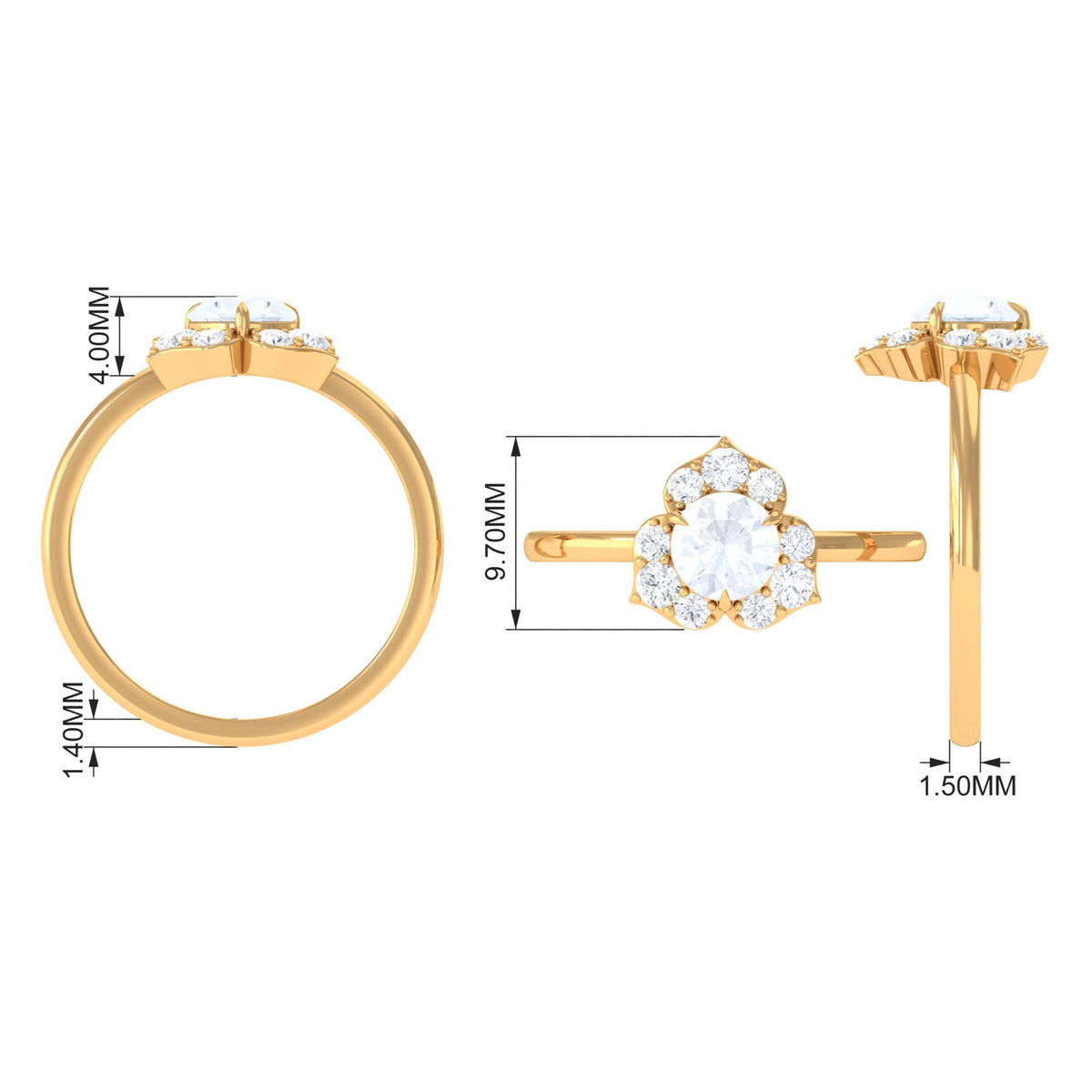 1.25 CT moonstone and diamond floral engagement ring by Rosec Jewels, featuring a detailed design with shimmering stones and intricate band.