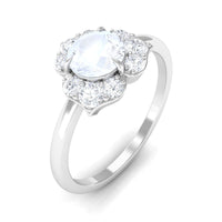1.25 CT moonstone and diamond floral engagement ring by Rosec Jewels with intricate floral design and sparkling gemstones.