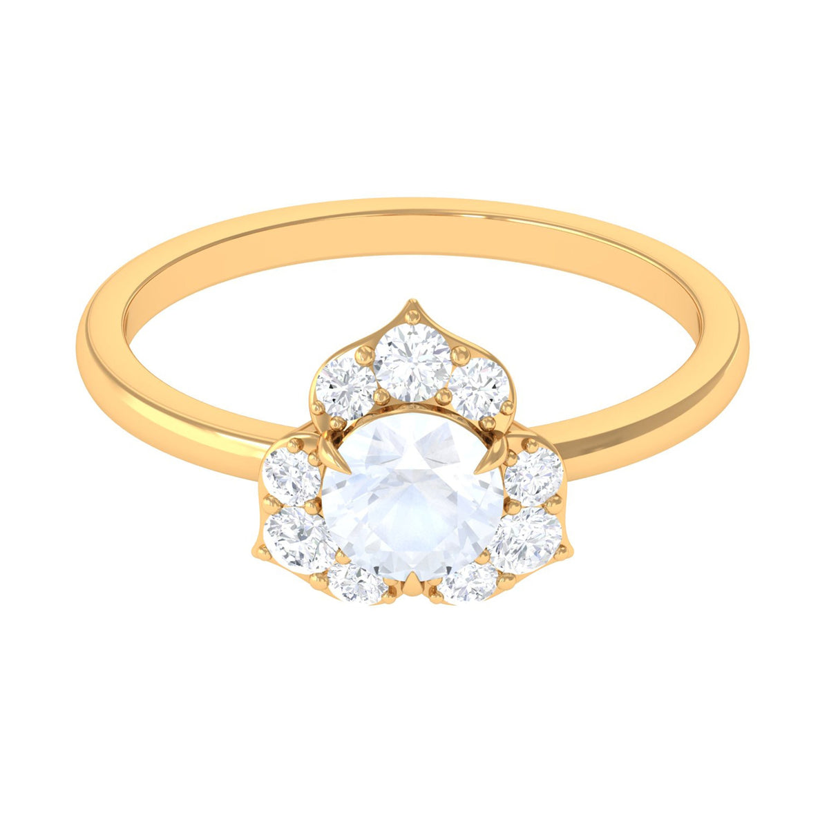 1.25 CT moonstone and diamond floral engagement ring by Rosec Jewels featuring a gold band with intricate floral design.
