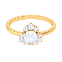 1.25 CT moonstone and diamond floral engagement ring by Rosec Jewels featuring a gold band with intricate floral design.