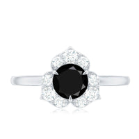 Natural Black Spinel Flower Engagement Ring with Diamond