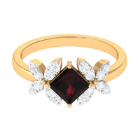 Natural 6mm Garnet Princess Cut Engagement Ring with Diamond Flower