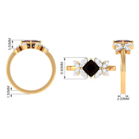 Natural 6mm Garnet Princess Cut Engagement Ring with Diamond Flower