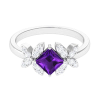 Princess cut amethyst floral engagement ring with diamond accents from Rosec Jewels, showcasing intricate floral design and sparkling gemstones.