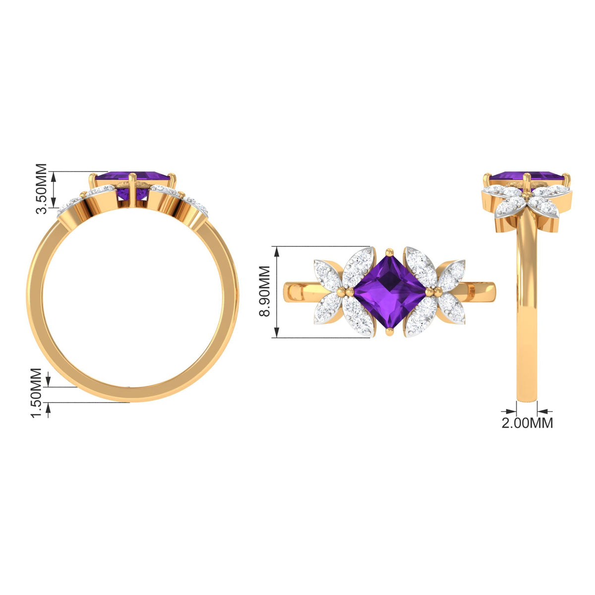 Princess cut amethyst floral engagement ring with diamond accents by Rosec Jewels, featuring a detailed floral design and sparkling gemstones.