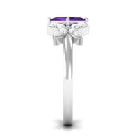 Princess cut amethyst floral engagement ring with diamond accents from Rosec Jewels, showcasing intricate floral design and sparkling gemstones.
