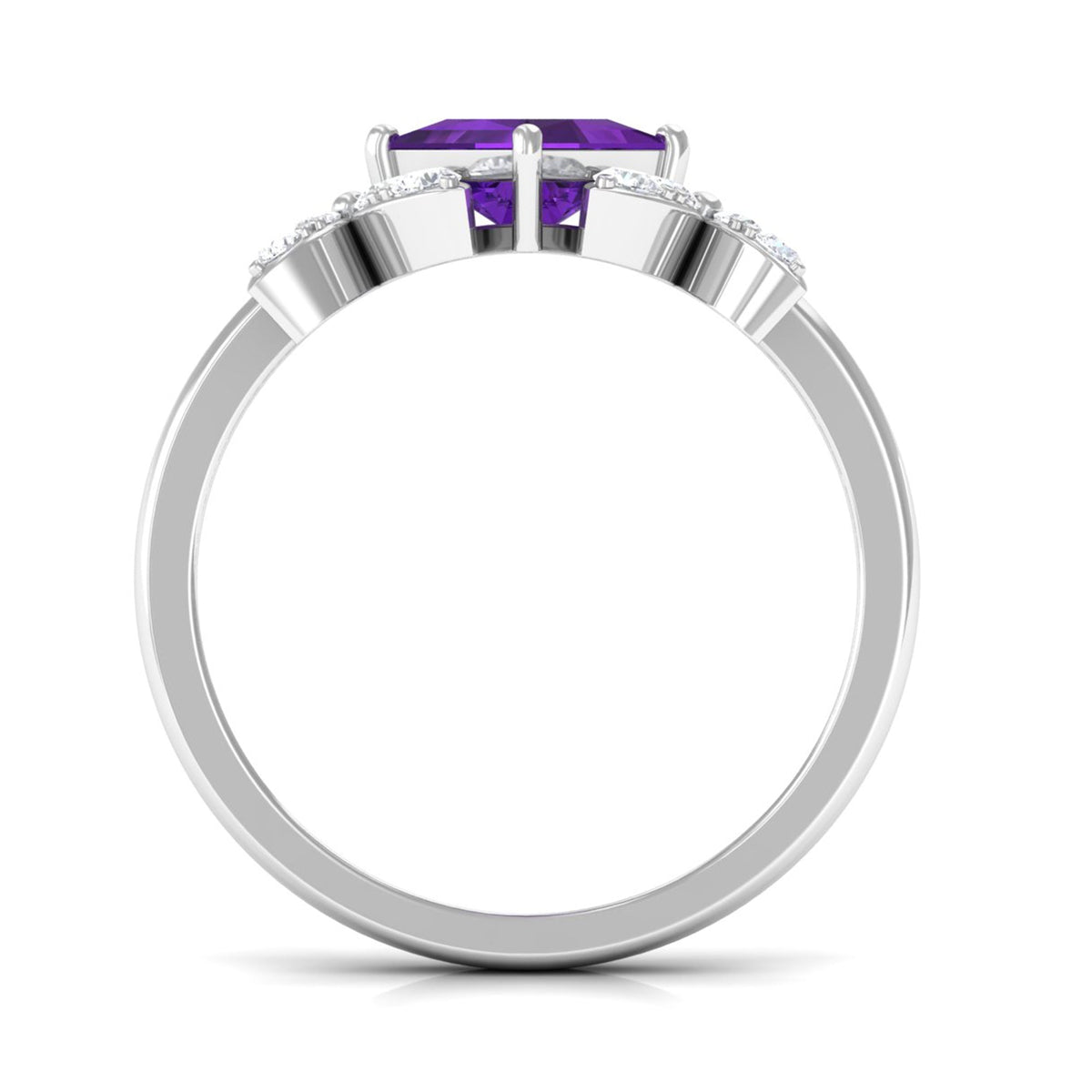 Princess cut amethyst floral engagement ring with diamond accents from Rosec Jewels, showcasing a detailed floral design and sparkling gemstones.