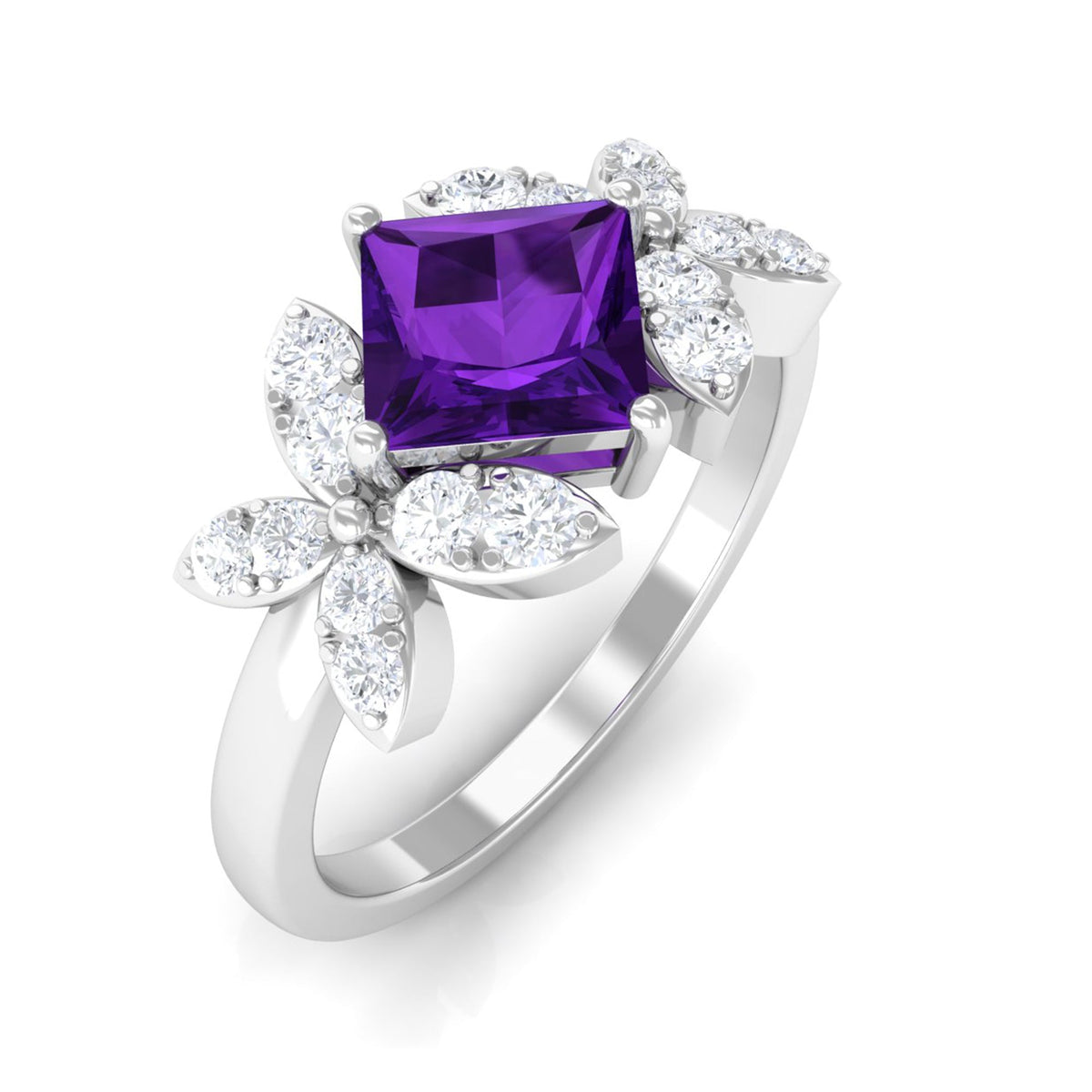 Princess cut amethyst floral engagement ring with diamond accents from Rosec Jewels, featuring a detailed floral design.