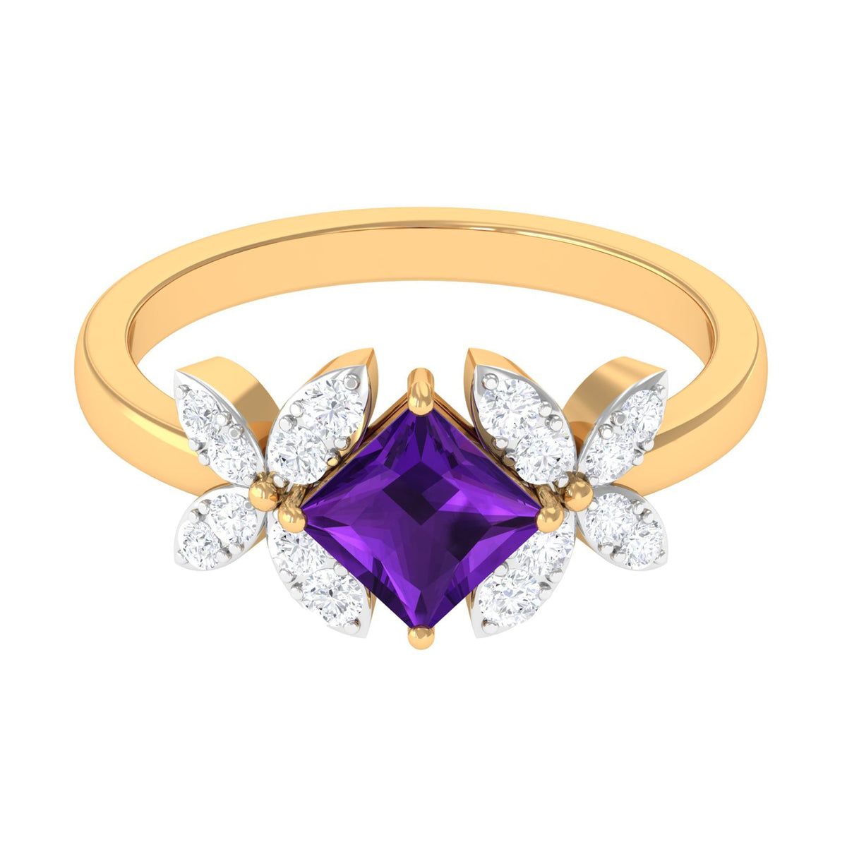 Princess cut amethyst floral engagement ring with diamond accents by Rosec Jewels, featuring intricate floral detailing and sparkling gemstones.