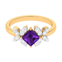Princess cut amethyst floral engagement ring with diamond accents by Rosec Jewels, featuring intricate floral detailing and sparkling gemstones.
