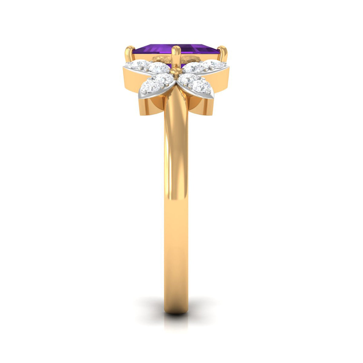 Princess cut amethyst floral engagement ring with diamonds from Rosec Jewels, featuring intricate floral design and sparkling accents.