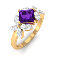 Princess cut amethyst floral engagement ring with diamond accents by Rosec Jewels, showing intricate floral design and sparkling gemstones.
