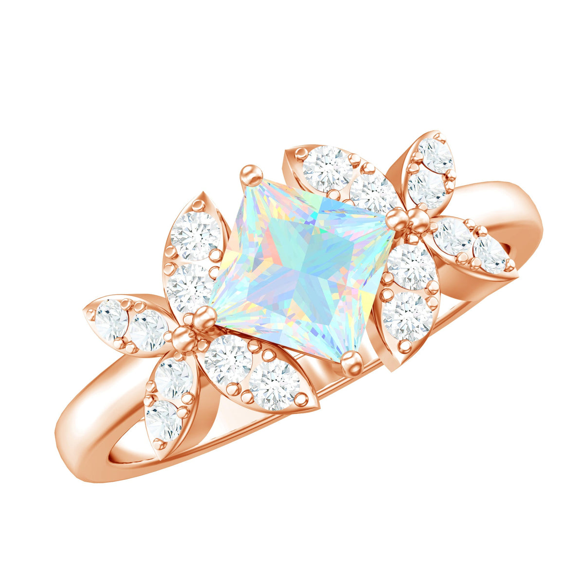 Ethiopian opal flower engagement ring with princess cut gemstone and diamonds, crafted by Rosec Jewels.