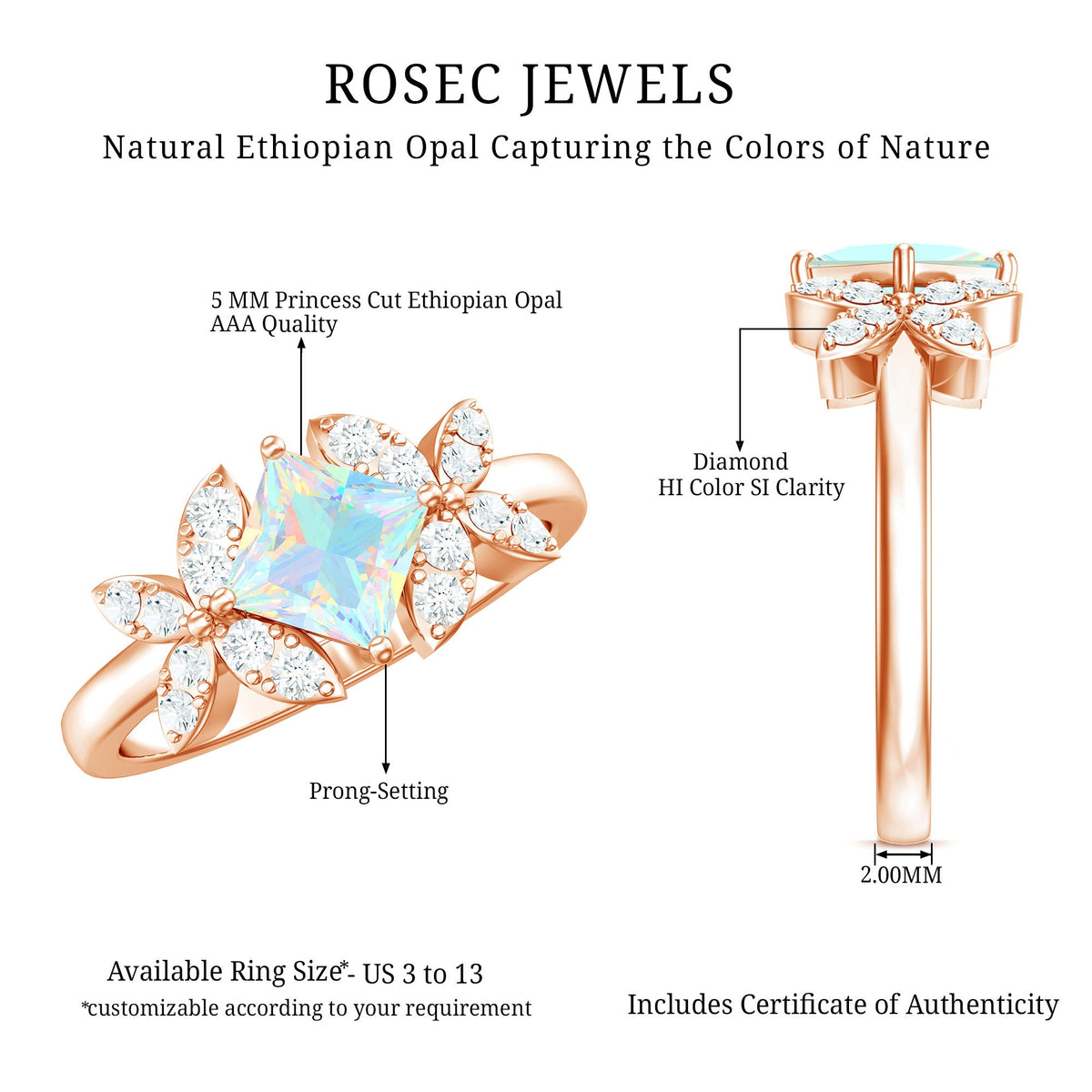 Ethiopian opal flower engagement ring with princess cut stone and diamond accents by Rosec Jewels.
