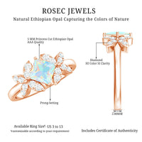 Ethiopian opal flower engagement ring with princess cut stone and diamond accents by Rosec Jewels.