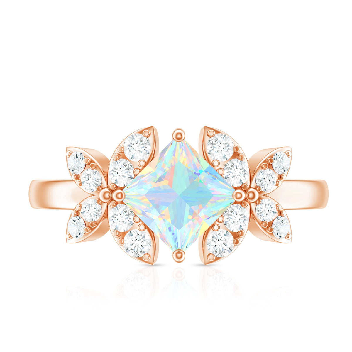 Ethiopian Opal flower engagement ring with princess cut center stone and diamond accents by Rosec Jewels