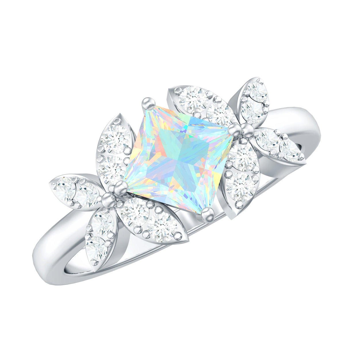 Ethiopian Opal flower engagement ring with princess cut center stone and diamond accents by Rosec Jewels.