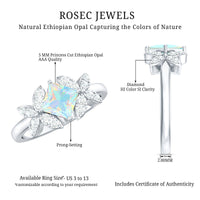 Ethiopian opal flower engagement ring with princess cut opal and diamond accents, crafted by Rosec Jewels.