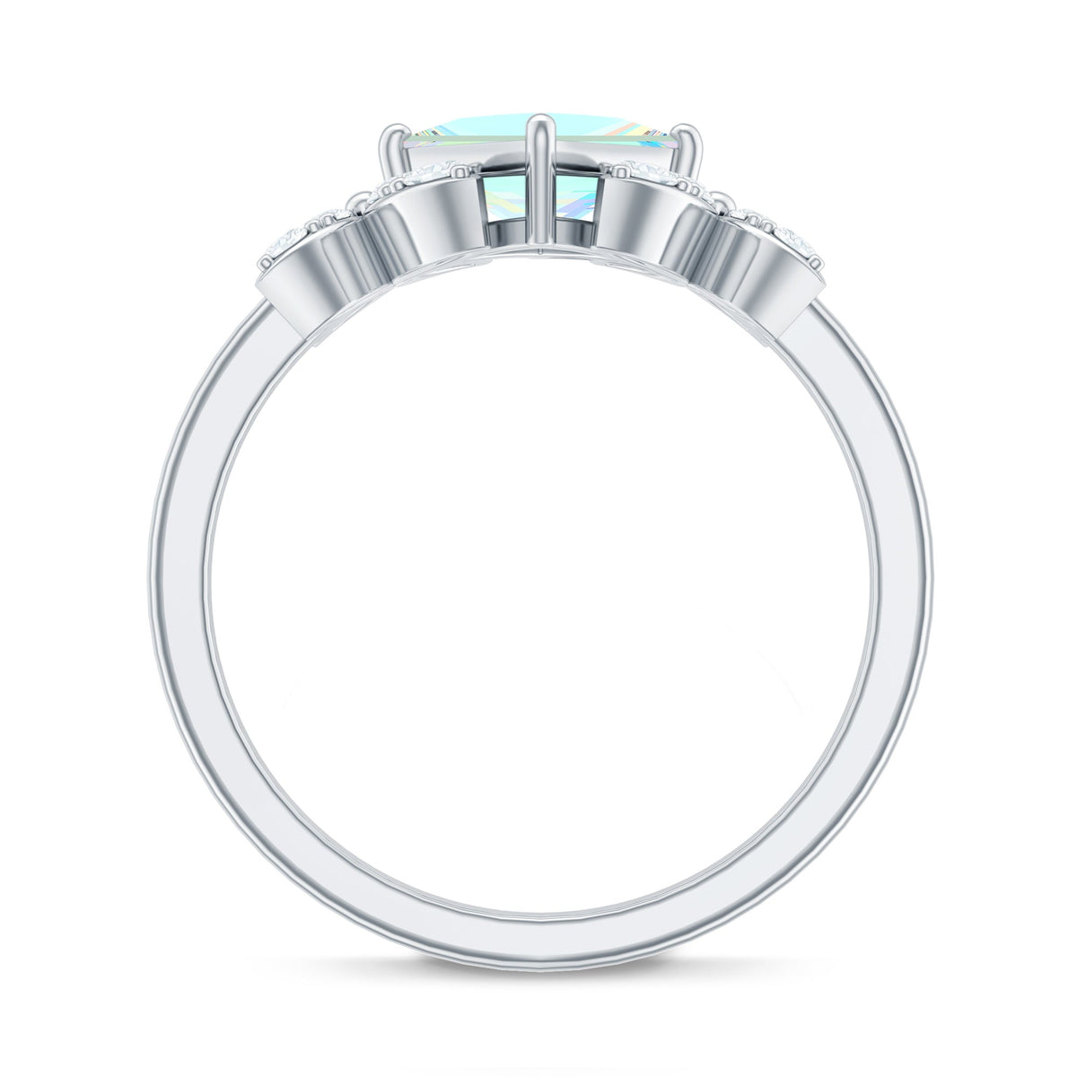Natural princess cut Ethiopian opal flower engagement ring with diamond accents, showcasing intricate design and sparkling gemstones.