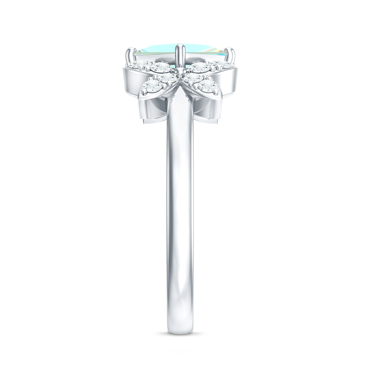 Natural princess cut Ethiopian opal flower engagement ring with diamond accent, crafted by Rosec Jewels.
