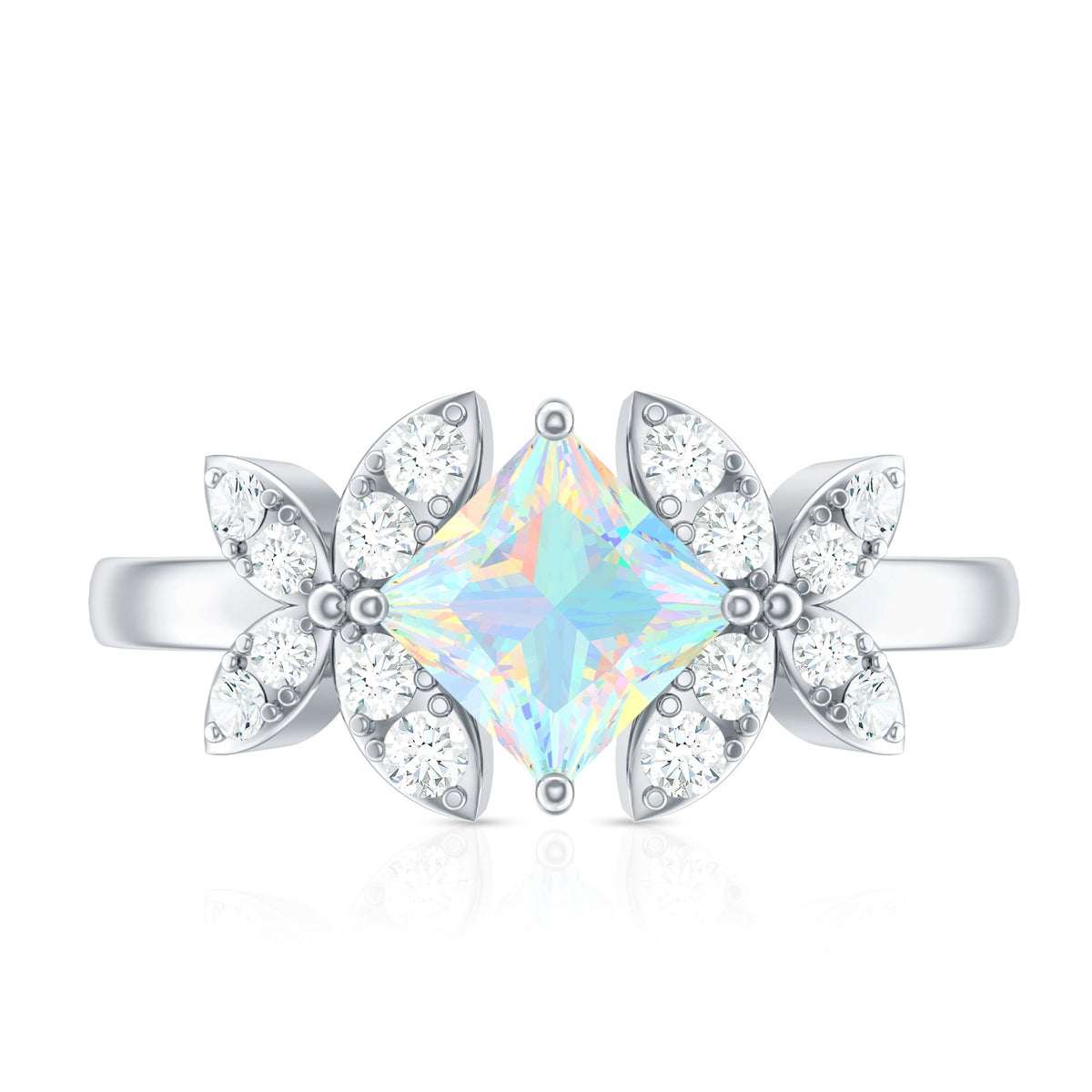 Ethiopian opal flower engagement ring with princess cut gemstone and diamond accents by Rosec Jewels.