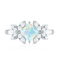 Ethiopian opal flower engagement ring with princess cut gemstone and diamond accents by Rosec Jewels.