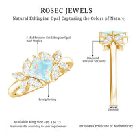 Ethiopian opal flower engagement ring with princess cut gemstone and diamond accents by Rosec Jewels, showcasing intricate floral design.