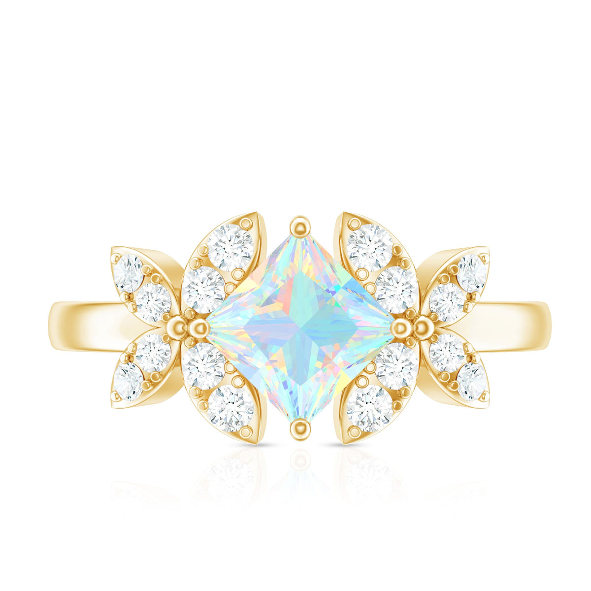 Ethiopian opal flower engagement ring with princess cut gemstone and diamond accents by Rosec Jewels.