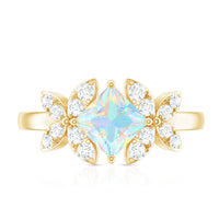 Ethiopian opal flower engagement ring with princess cut gemstone and diamond accents by Rosec Jewels.