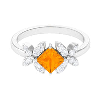 Rosec Jewels 1.50 CT princess cut fire opal flower engagement ring with diamond accents, showcasing a vibrant gemstone and elegant design.