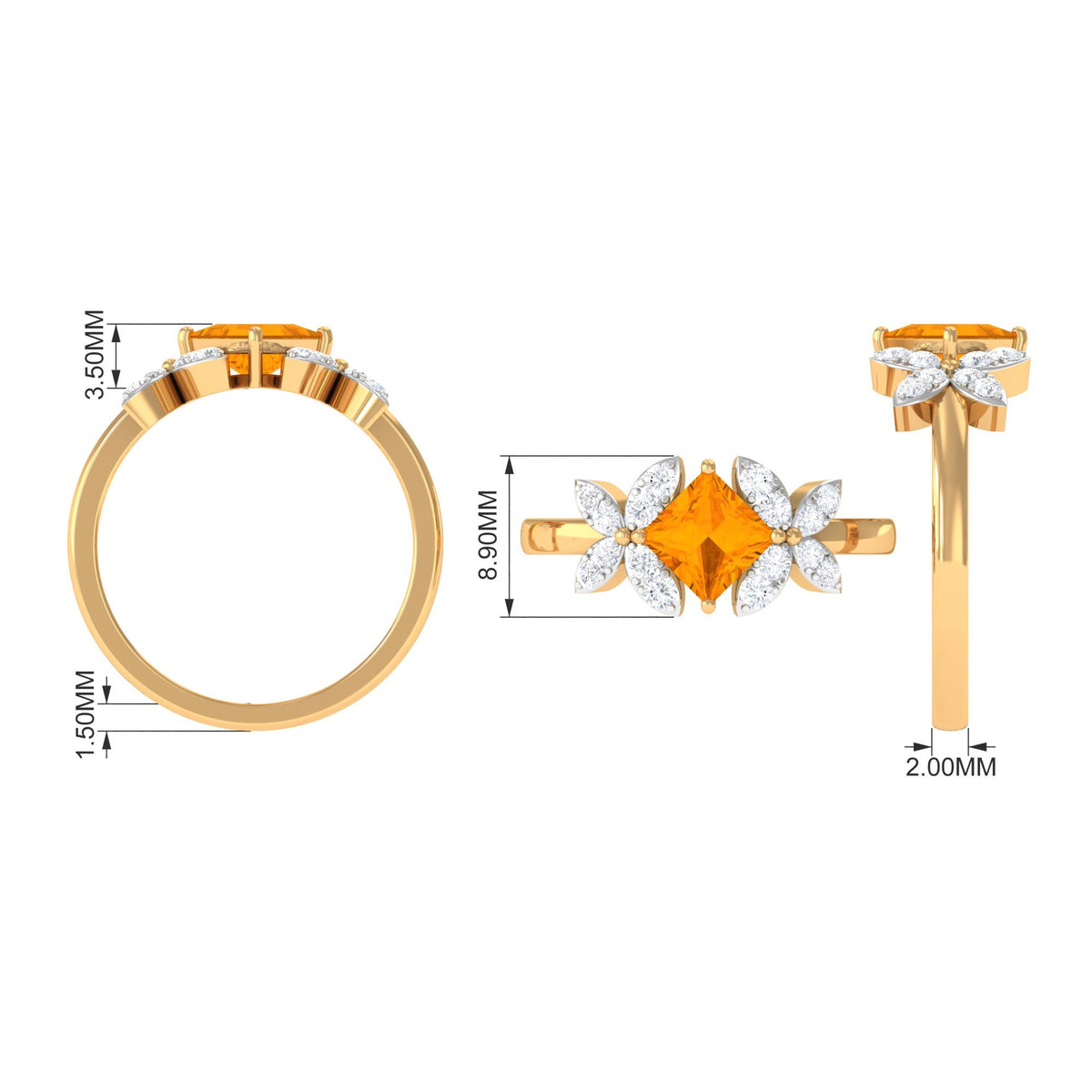 Rosec Jewels 1.50 CT princess cut fire opal flower engagement ring with diamond accents, showcasing intricate floral design and sparkling gemstones.