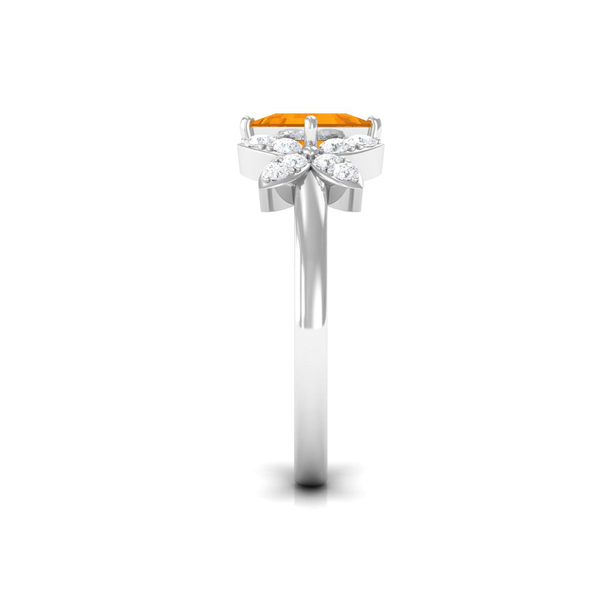 Rosec Jewels 1.50 CT princess cut fire opal flower engagement ring with diamond, showcasing a vibrant orange gemstone and intricate design