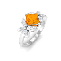 Rosec Jewels 1.50 CT princess cut fire opal flower engagement ring with diamond, showcasing intricate design and sparkling gemstones.