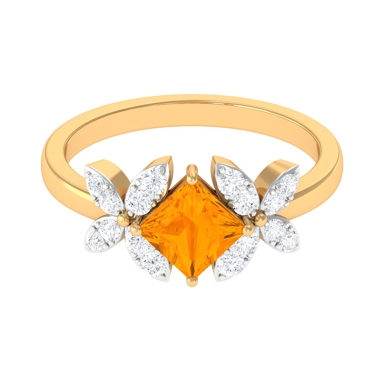 Rosec Jewels 1.50 CT princess cut fire opal flower engagement ring with diamonds, showcasing a vibrant orange gemstone and floral design.