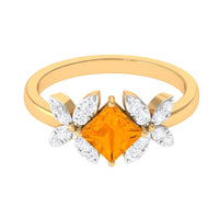 Rosec Jewels 1.50 CT princess cut fire opal flower engagement ring with diamonds, showcasing a vibrant orange gemstone and floral design.