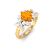 Rosec Jewels 1.50 CT princess cut fire opal flower engagement ring with diamond accents, showcasing vibrant orange gemstone and elegant design.