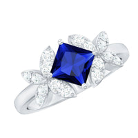 Certified 1.5 Carat Princess Cut Lab Grown Blue Sapphire Engagement Ring with Diamond Flower