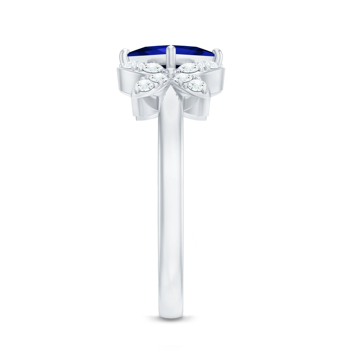 Certified 1.5 Carat Princess Cut Lab Grown Blue Sapphire Engagement Ring with Diamond Flower