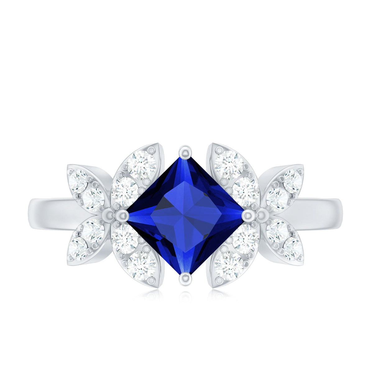 Certified 1.5 Carat Princess Cut Lab Grown Blue Sapphire Engagement Ring with Diamond Flower