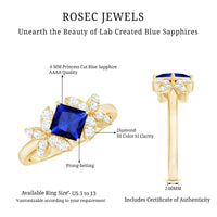 Certified 1.5 Carat Princess Cut Lab Grown Blue Sapphire Engagement Ring with Diamond Flower
