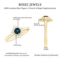 London Blue Topaz Bezel Engagement Ring with Diamond Halo