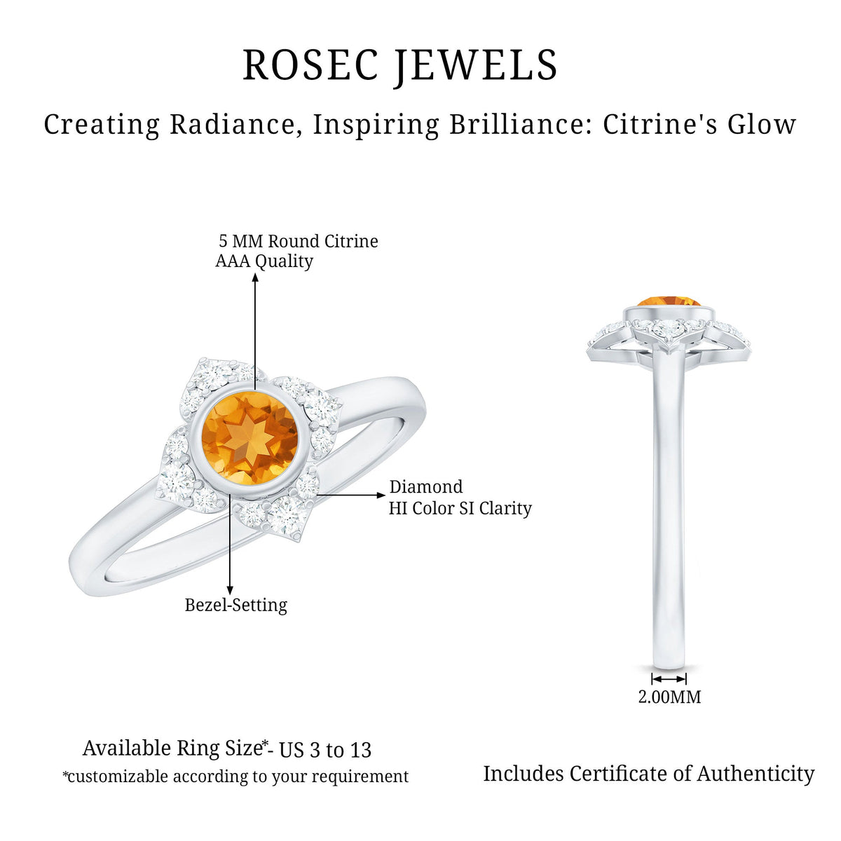 Natural Citrine Diamond Flower Engagement Ring with Certificate