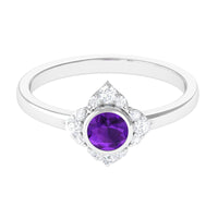 Rosec Jewels 3/4 CT bezel set amethyst flower engagement ring with diamond accents, showcasing a detailed floral design in gold.