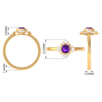 Rosec Jewels 3/4 CT bezel set amethyst flower engagement ring with diamond, featuring a detailed floral design and sparkling gemstones.