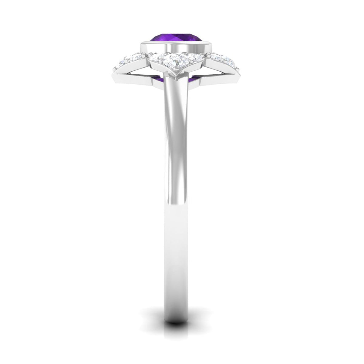 Rosec Jewels 3/4 CT bezel set amethyst flower engagement ring with diamond accents, showcasing a detailed floral design and sparkling gemstones.