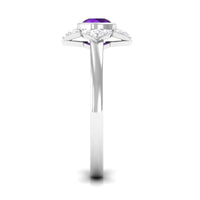 Rosec Jewels 3/4 CT bezel set amethyst flower engagement ring with diamond accents, showcasing a detailed floral design and sparkling gemstones.