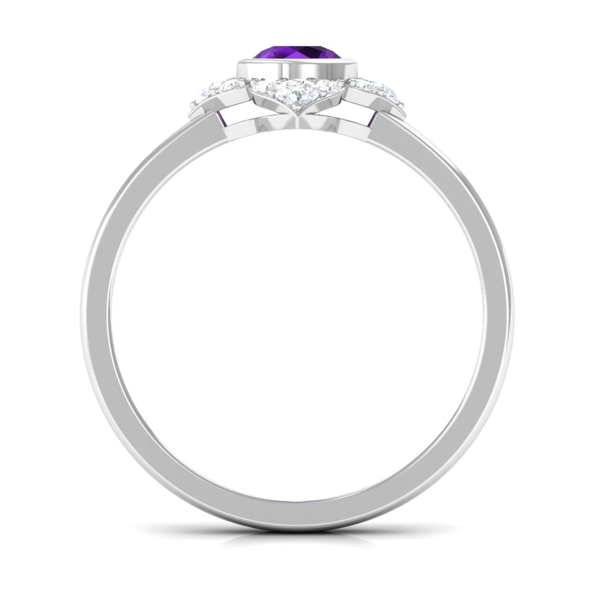 Rosec Jewels 3/4 CT bezel set amethyst flower engagement ring with diamond, showcasing detailed floral design and sparkling gemstones.