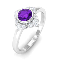 Rosec Jewels 3/4 CT beaded bezel set amethyst flower engagement ring with diamond accents, showcasing intricate floral design