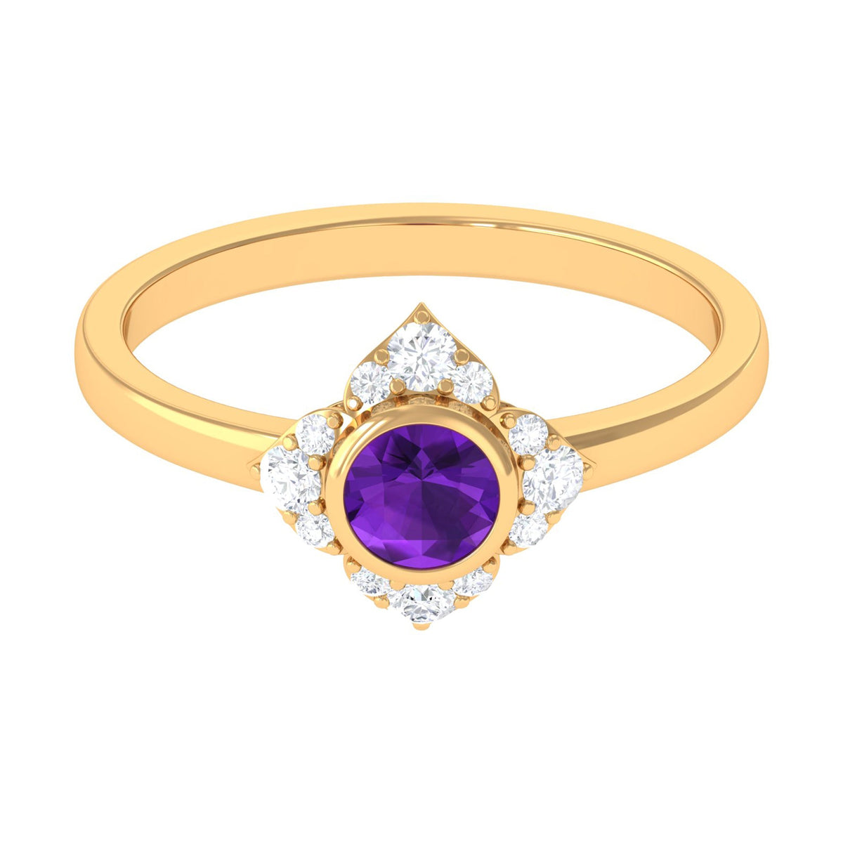 Rosec Jewels 3/4 CT bezel set amethyst flower engagement ring with diamond, showcasing intricate design and vibrant purple gemstone.